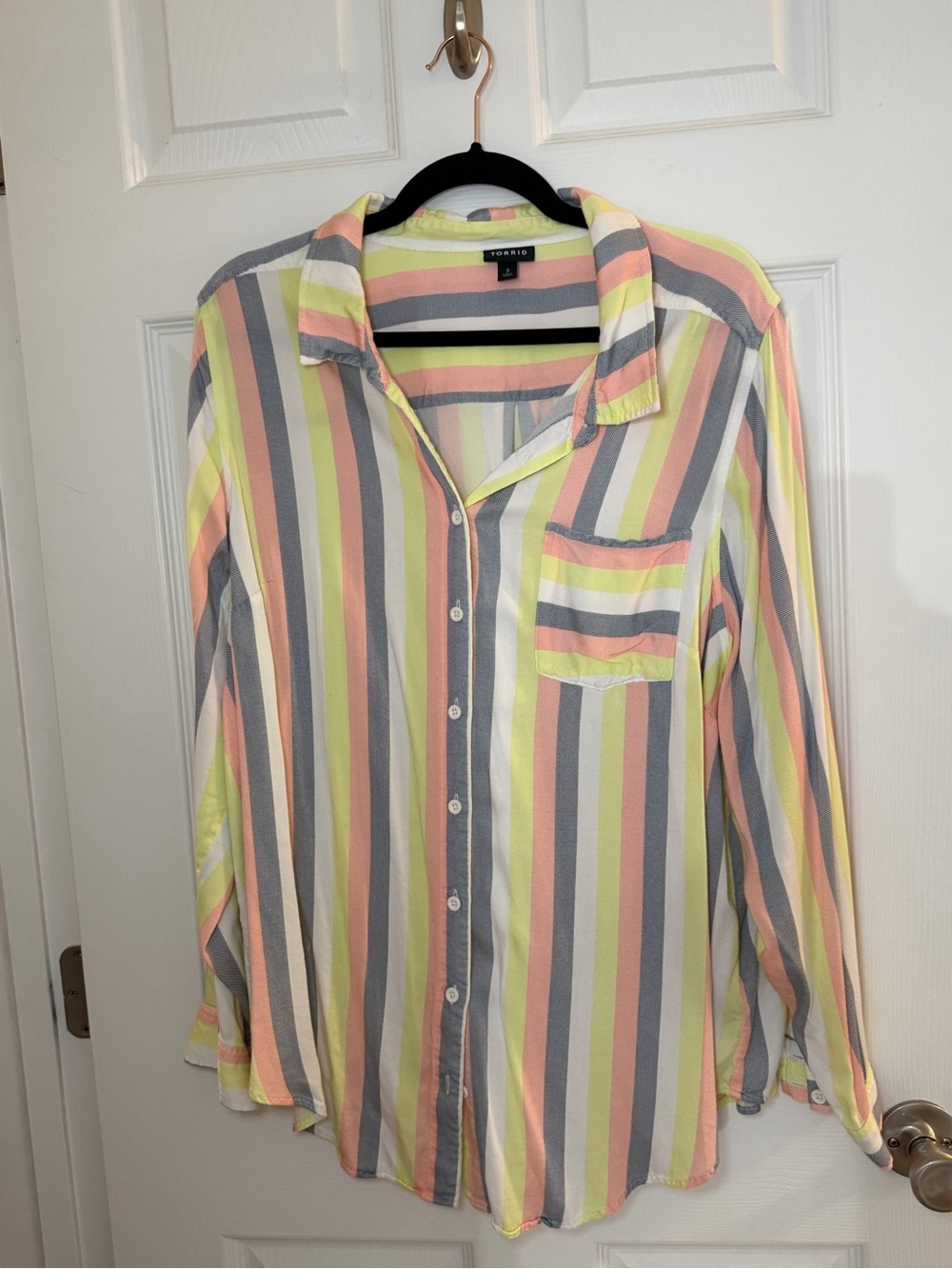 torrid Pastel Striped Button-Down Shirt in Yellow, Pink, Gray, White